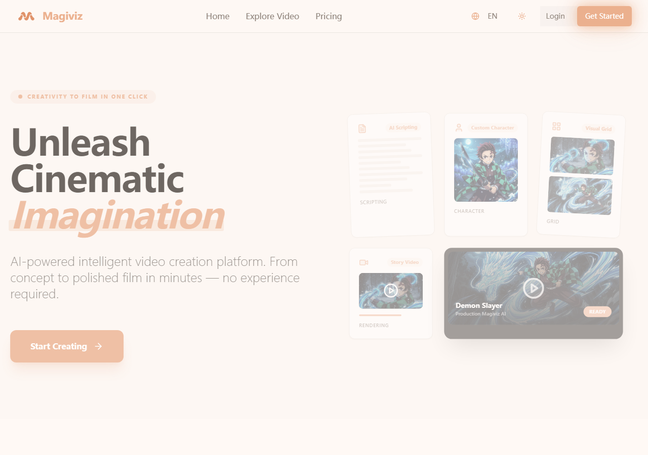Magiviz 官网视口截图 AI 视频创作工作台