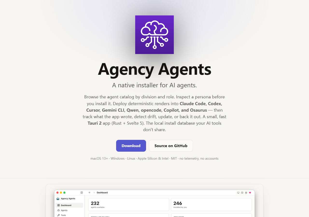 agency-agents 官网下载页 真实截图 native installer